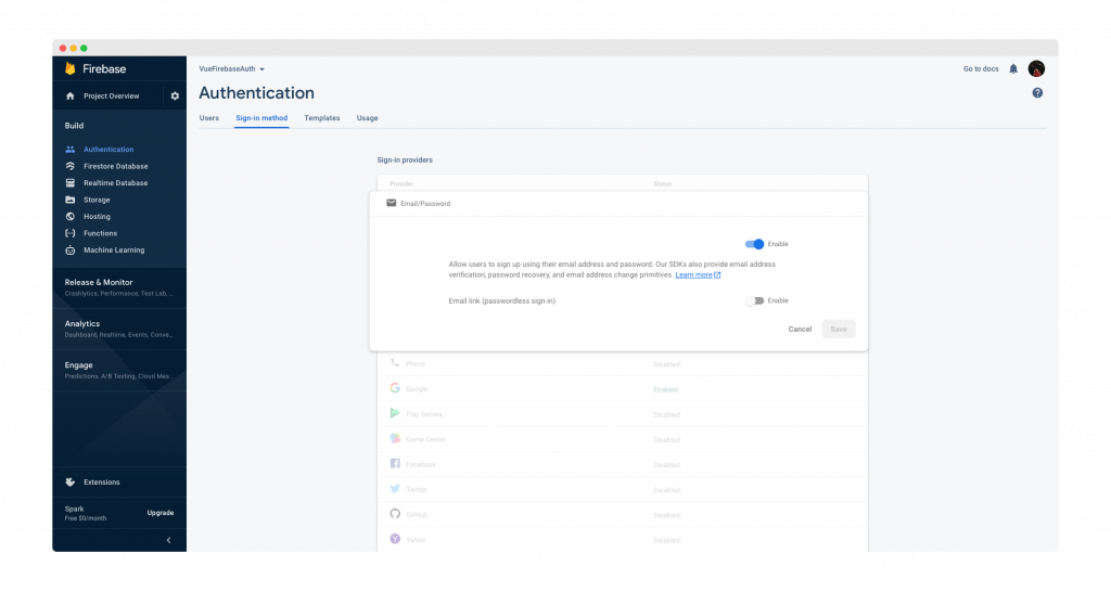 Firebase Console Authentication Settings with Email Enabled