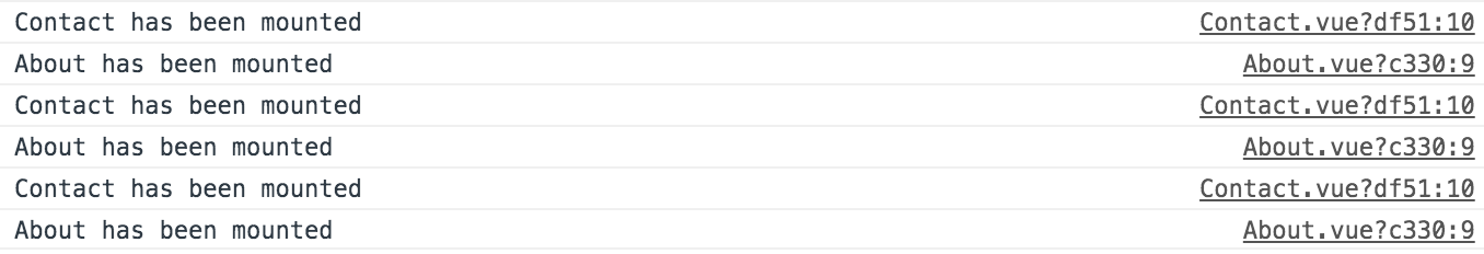 Google Dev Tools Console with multiple lines saying, "About has been mounted" and "Contact has been mounted"