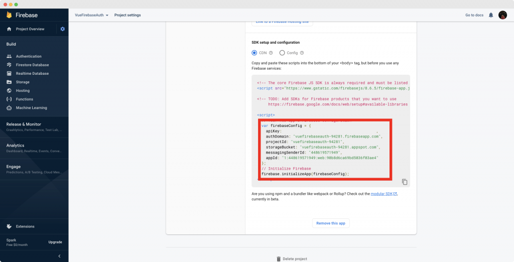 Code snippet in Firebase console with project configuration settings for Javascript