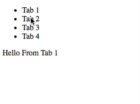 An unordered list with 4 Tab Labels with a div below showing the active tab