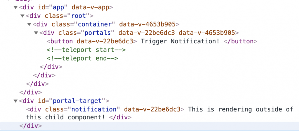 Inspect Tab of Chrome Devtools with commented lines inside the HTML saying Teleport Start and Teleport End